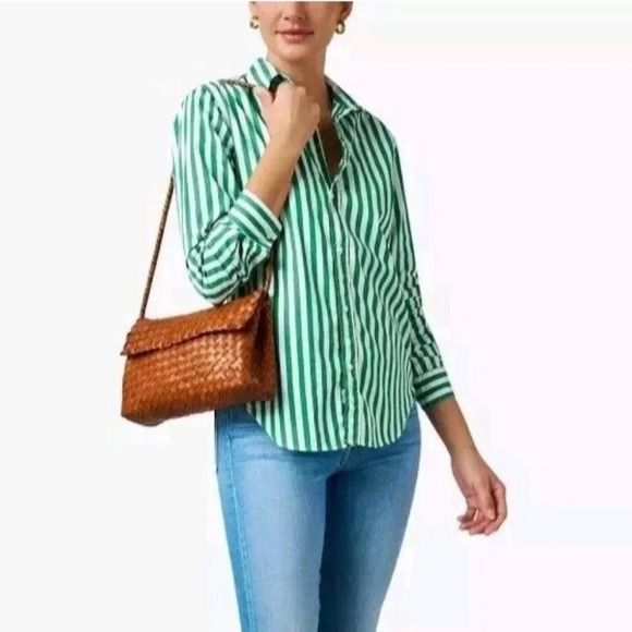 New $280 Frank & Eileen Frank Cotton Button Down Green Striped Collared Size XS - Picture 1 of 10